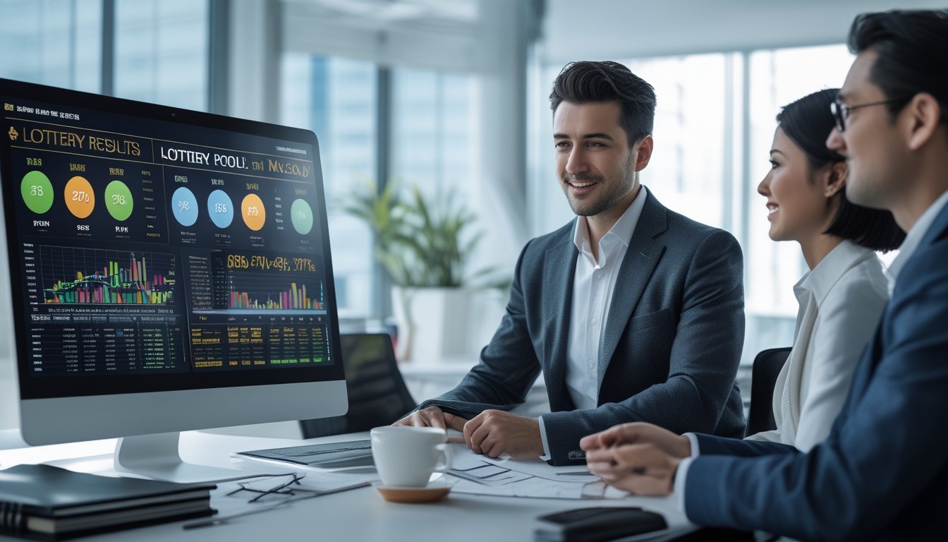 Suasana kantor modern dengan beberapa profesional yang sedang berdiskusi di depan layar komputer yang menampilkan data dan grafik hasil togel Macau.