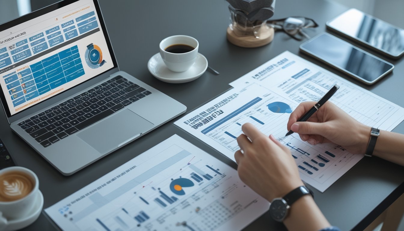 Meja kerja modern dengan laptop dan tangan yang menunjuk pada lembaran data angka, menggambarkan analisis hasil keluaran togel Macau.