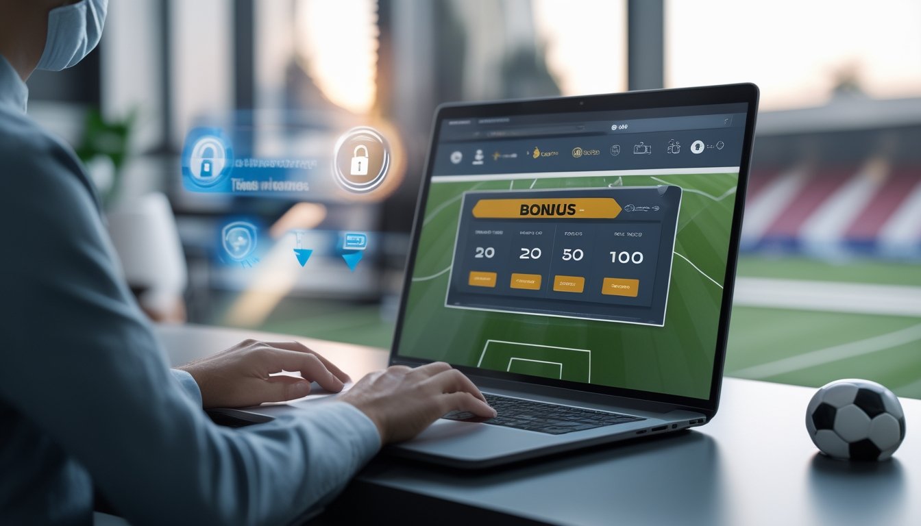 Seseorang menggunakan laptop di meja kerja modern dengan latar belakang bola sepak dan ikon keamanan digital.