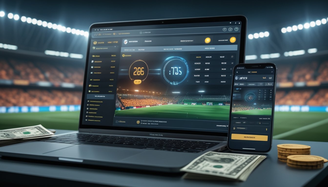 Seorang pria menggunakan laptop dan ponsel untuk memasang taruhan bola online di meja dengan latar stadion sepak bola yang ramai.