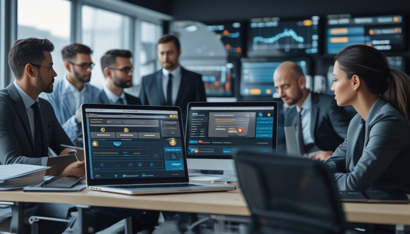 Sekelompok profesional bekerja di kantor modern dengan layar komputer yang menampilkan data dan ikon keamanan terkait platform taruhan bola online yang resmi dan aman.