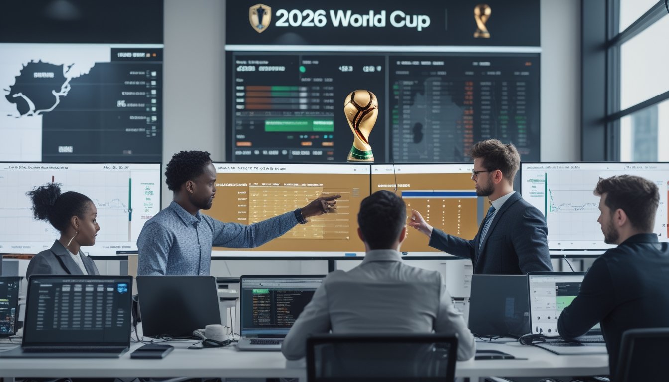 Orang-orang di kantor modern sedang menganalisis data taruhan sepak bola Piala Dunia 2026 dengan layar komputer menampilkan statistik dan prediksi.
