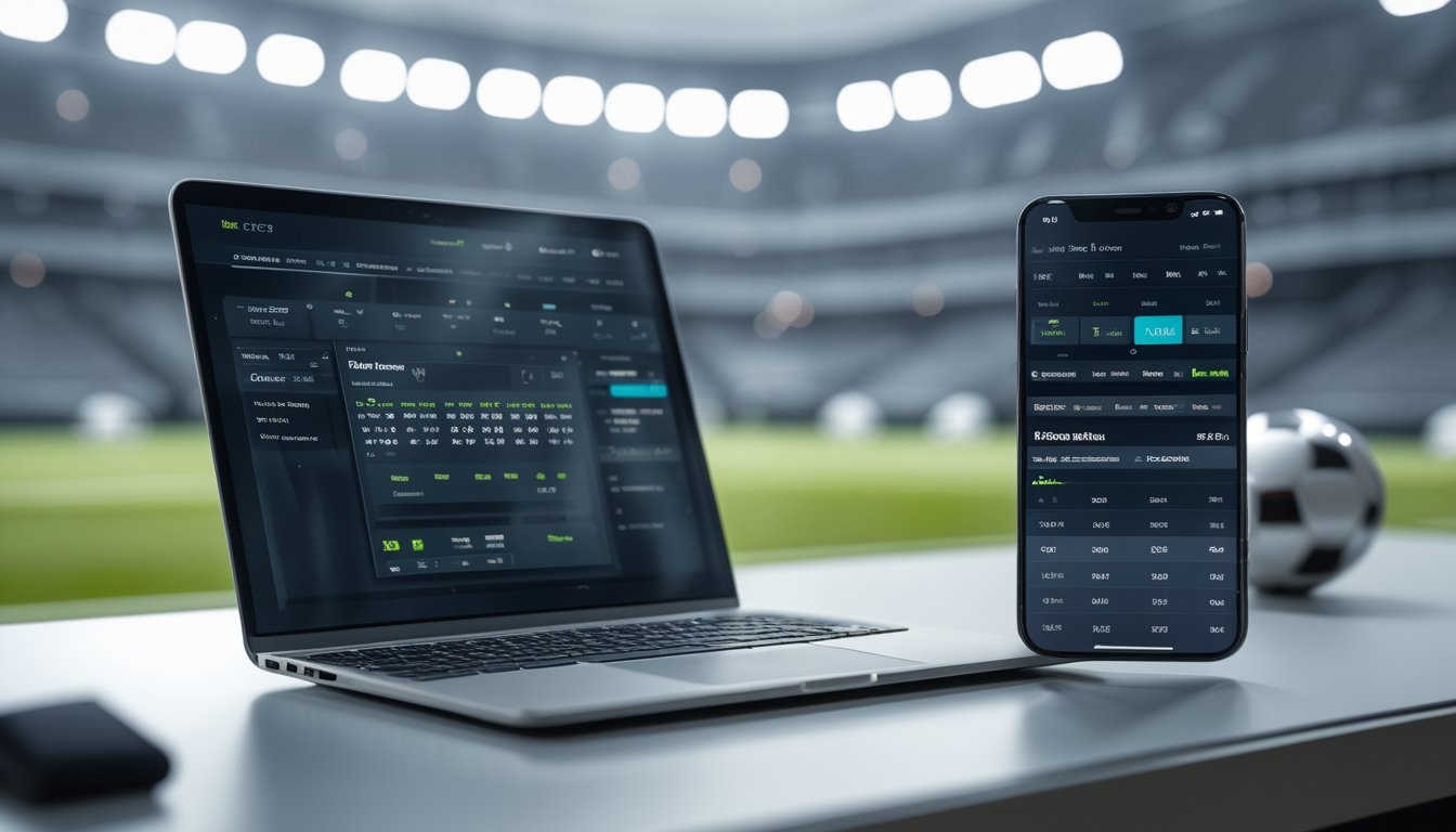 Sebuah laptop dan ponsel di atas meja menampilkan antarmuka taruhan olahraga dengan latar belakang stadion sepak bola yang samar.