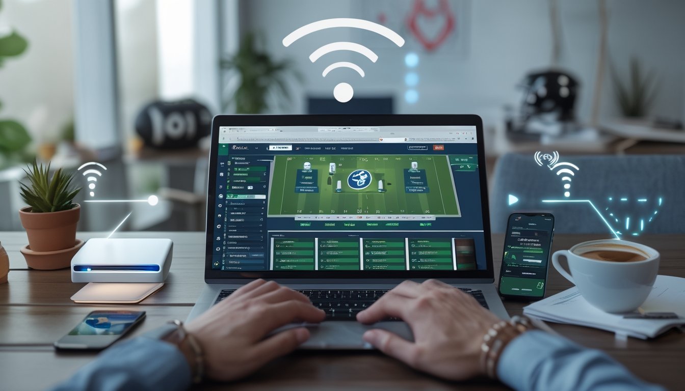 Seorang pengguna menggunakan laptop di meja kerja dengan perangkat teknologi di sekitarnya, menampilkan suasana akses situs judi bola secara online.