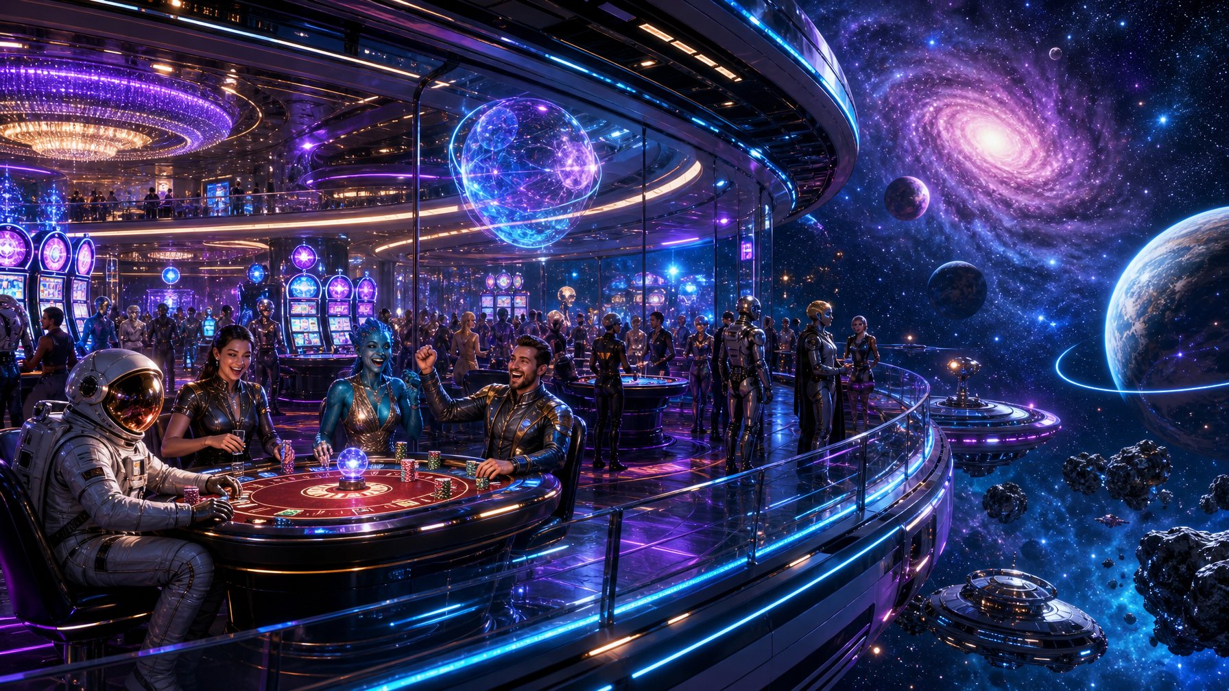 A Futuristic Casino Floating In Space With Astronauts Playing Games And Colorful Lights Glowing Against A Starry Background.