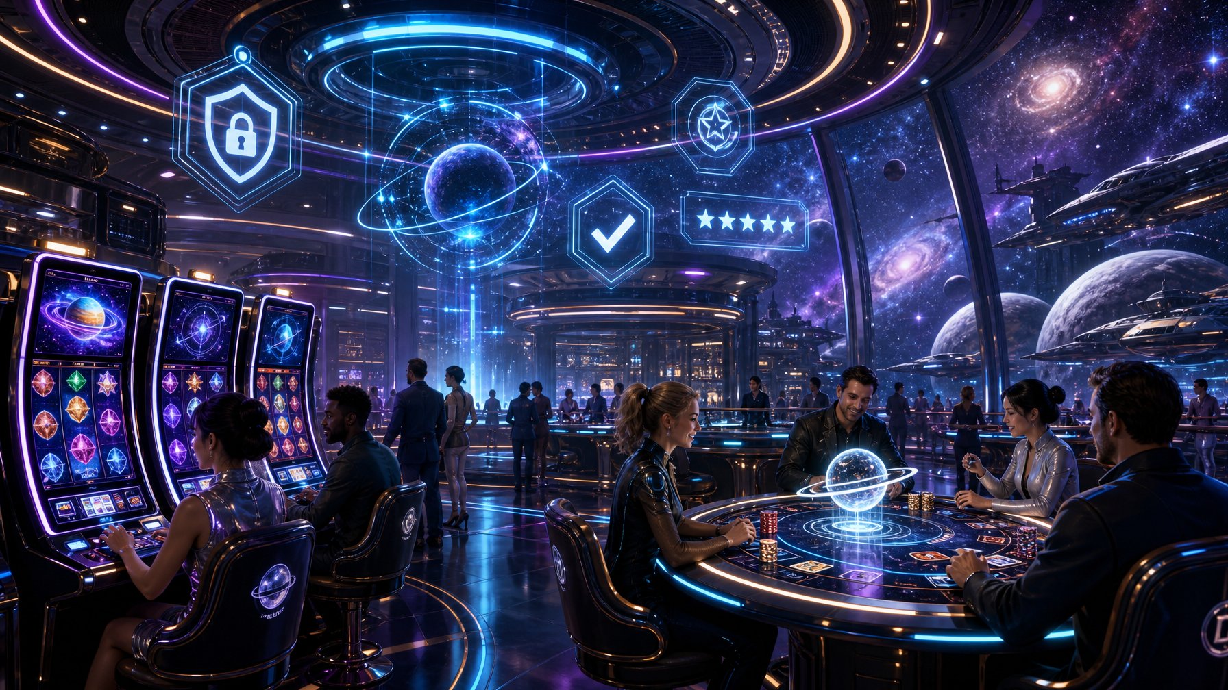 A Futuristic Casino Interior With Players Using SpaceThemed Gaming Machines And Holographic Trust Symbols, Set Against A Starry Galaxy Background.