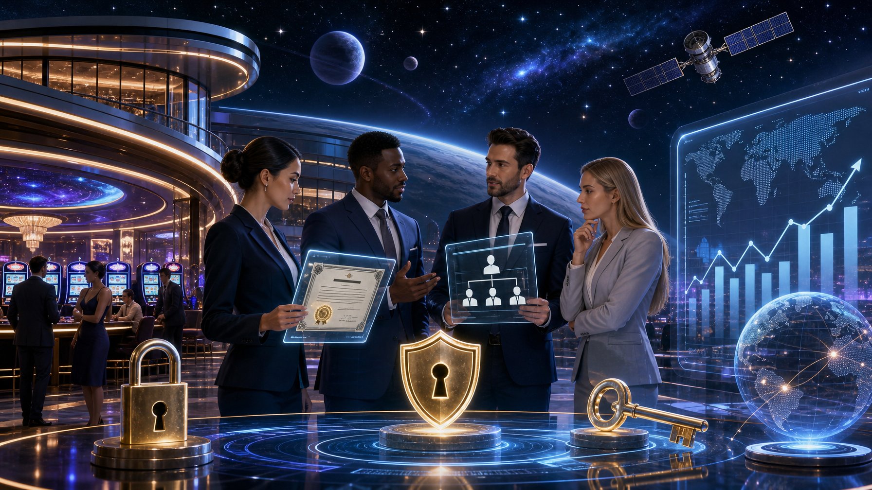 Business Professionals Discussing Licensing And Market Access In A Futuristic Casino Setting With SpaceThemed Elements In The Background.