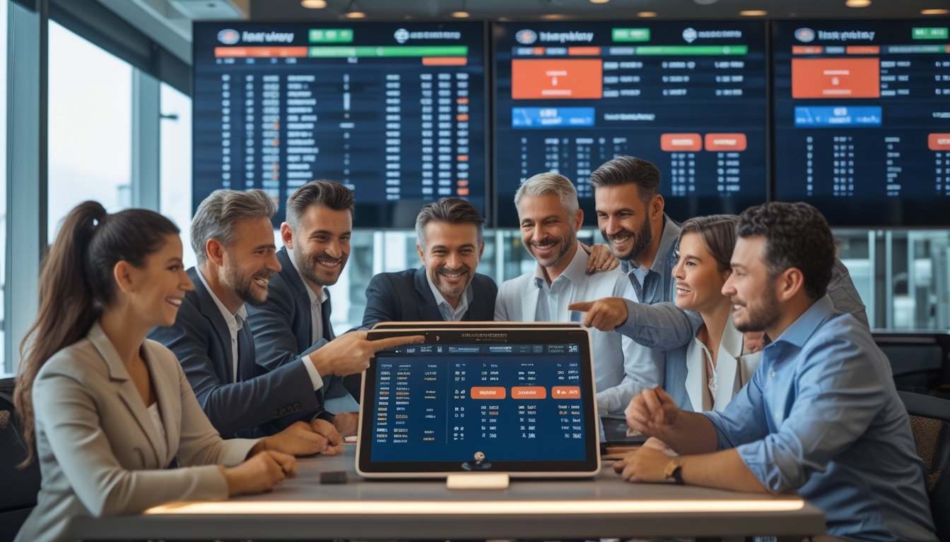 Sekelompok orang sedang berdiskusi di depan layar digital yang menampilkan data taruhan sepak bola dalam ruangan modern.