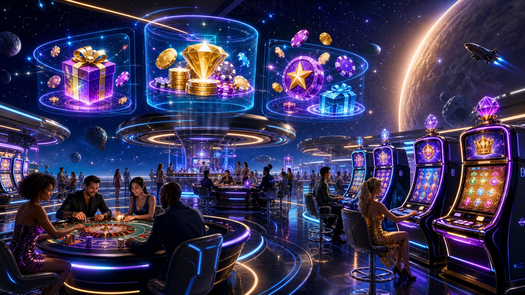A Futuristic SpaceThemed Casino With Players Enjoying Games Surrounded By Stars And Planets.