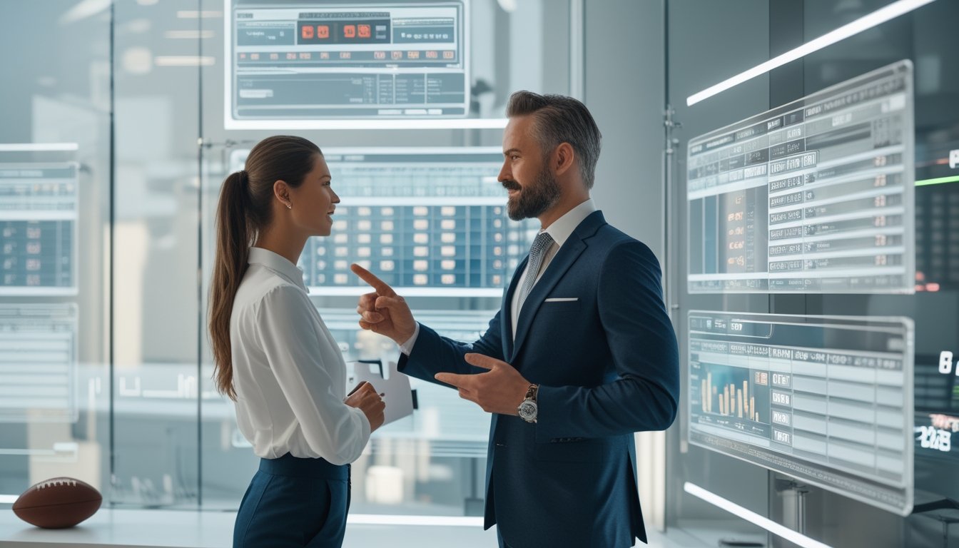 Dua orang profesional sedang menganalisis data taruhan bola di layar digital di kantor modern.