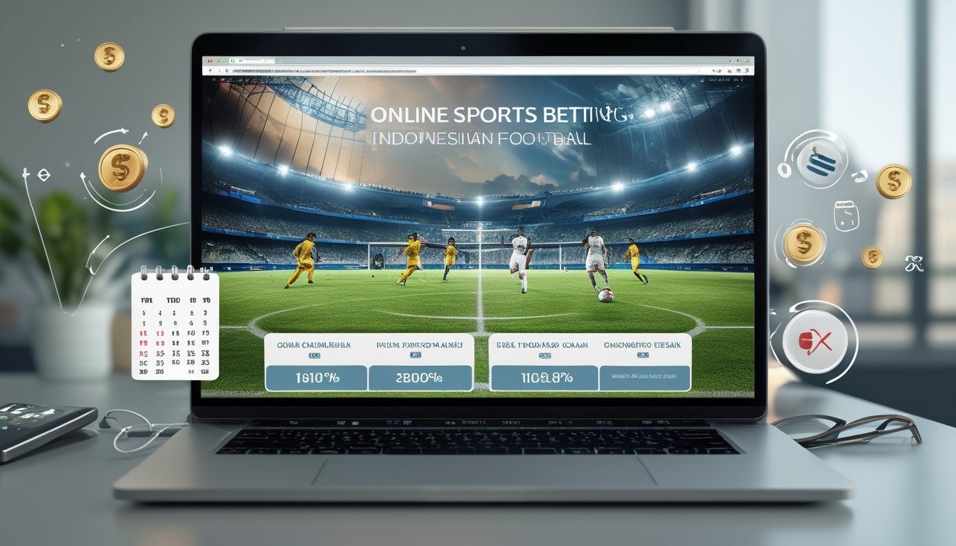 Seorang pengguna melihat pertandingan sepak bola secara langsung di layar komputer dengan suasana ruang kerja modern dan elemen simbol taruhan online di sekitarnya.