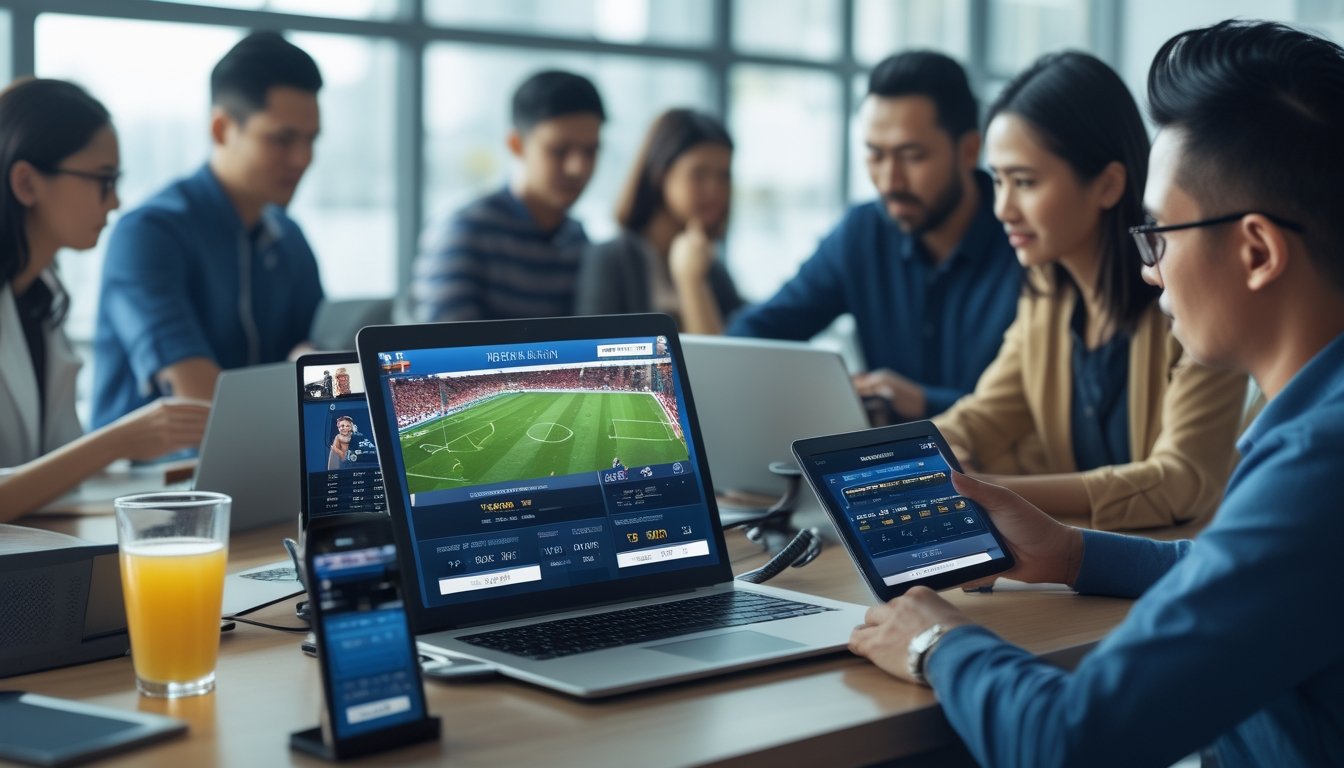 Orang-orang menggunakan perangkat digital untuk menonton pertandingan sepak bola secara langsung dengan kualitas gambar sangat tajam dan fitur taruhan online di layar.