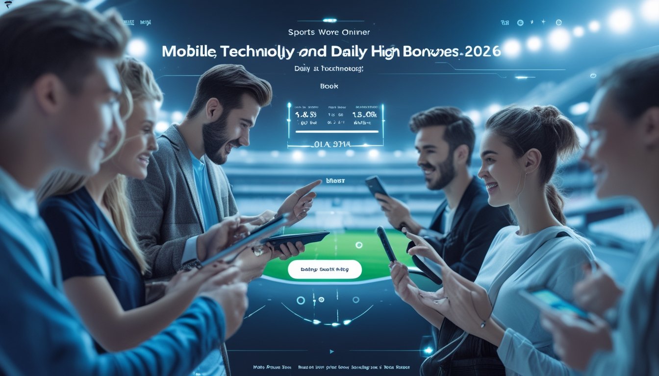 Sekelompok orang muda menggunakan ponsel dan tablet untuk bertaruh bola secara online dengan latar belakang stadion sepak bola dan grafik digital.