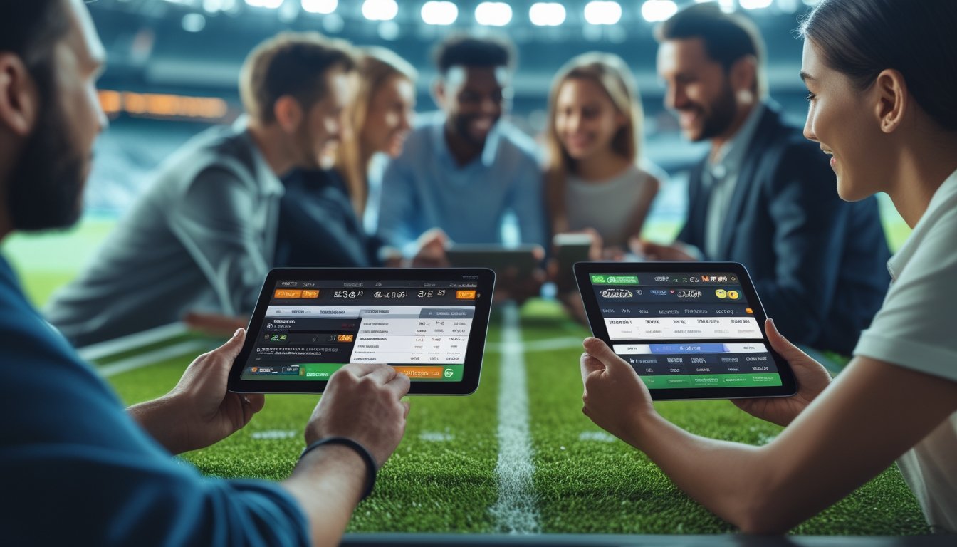 Beberapa orang menggunakan ponsel dan tablet untuk memasang taruhan bola secara online dengan latar belakang stadion sepak bola yang terang dan ramai.
