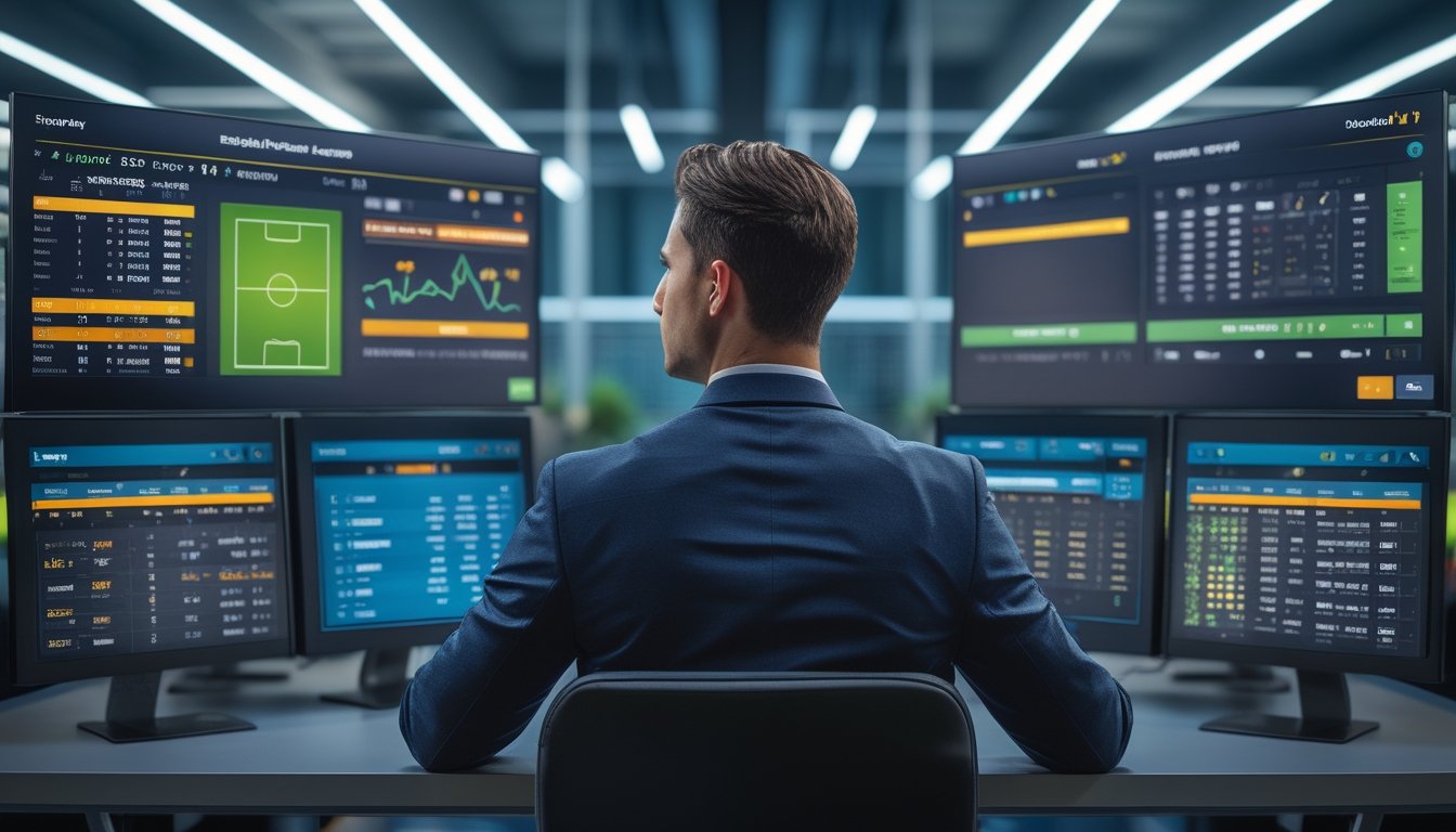Seorang pria profesional sedang menganalisis statistik pertandingan sepak bola di beberapa layar digital dalam ruangan kantor modern.