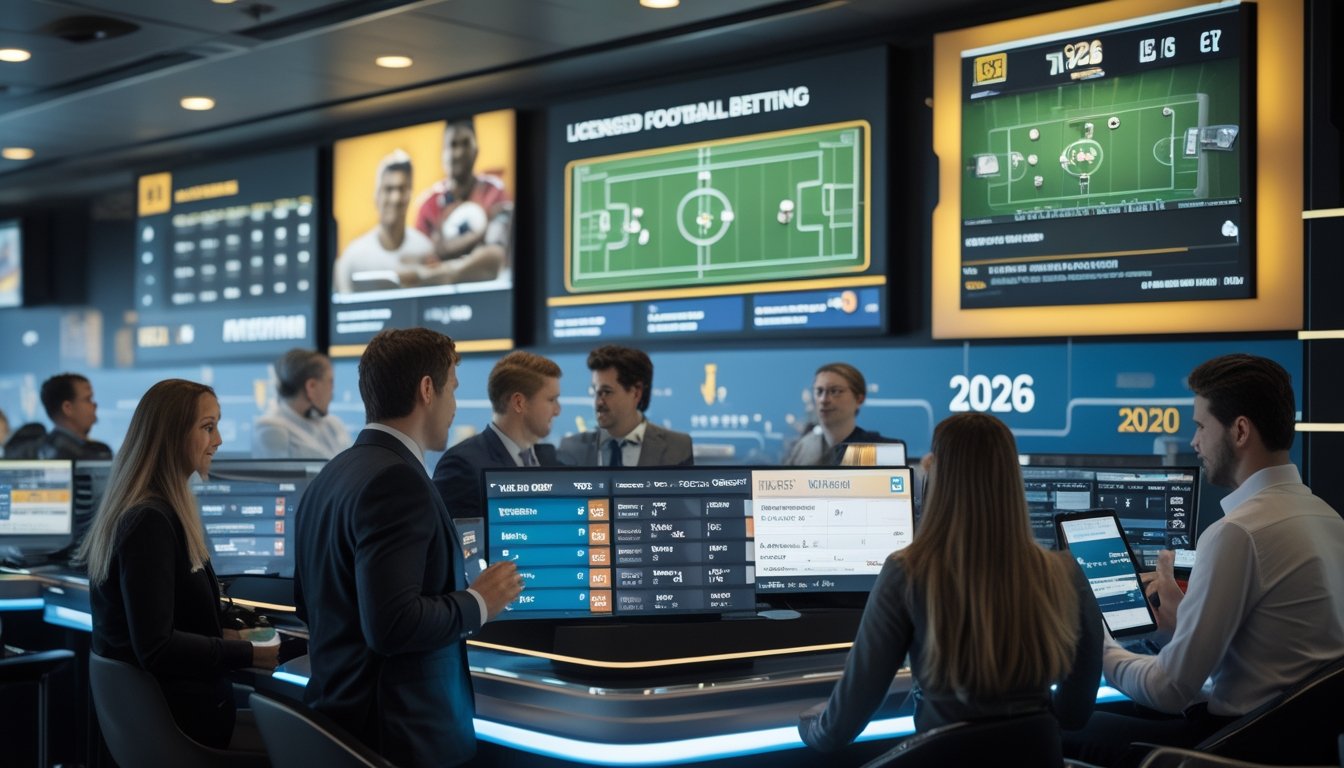 Orang-orang sedang menggunakan perangkat digital di ruang taruhan bola dengan layar menampilkan pertandingan sepak bola langsung dan permainan virtual.