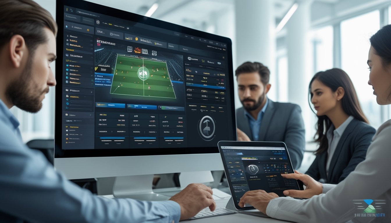 Sekelompok profesional menggunakan komputer dan tablet untuk memasang taruhan pada pertandingan sepak bola secara langsung dan virtual di sebuah kantor modern.