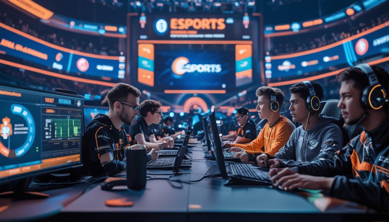 Sekelompok analis dan pemain esports sedang berdiskusi di depan beberapa monitor dengan grafik dan logo tim, di latar belakang arena esports yang terang benderang.