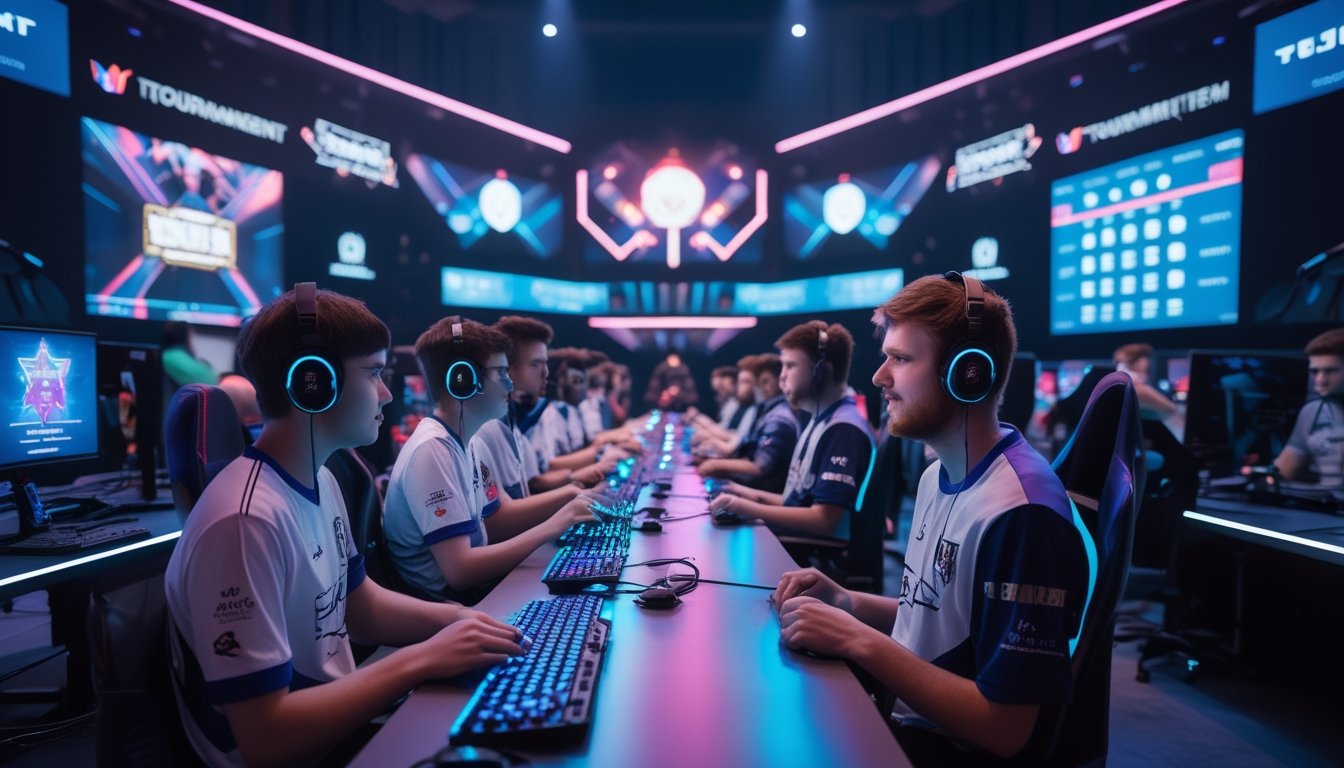 Sekelompok pemain esports sedang fokus bermain di meja gaming dengan layar besar dan kerumunan penonton di latar belakang.