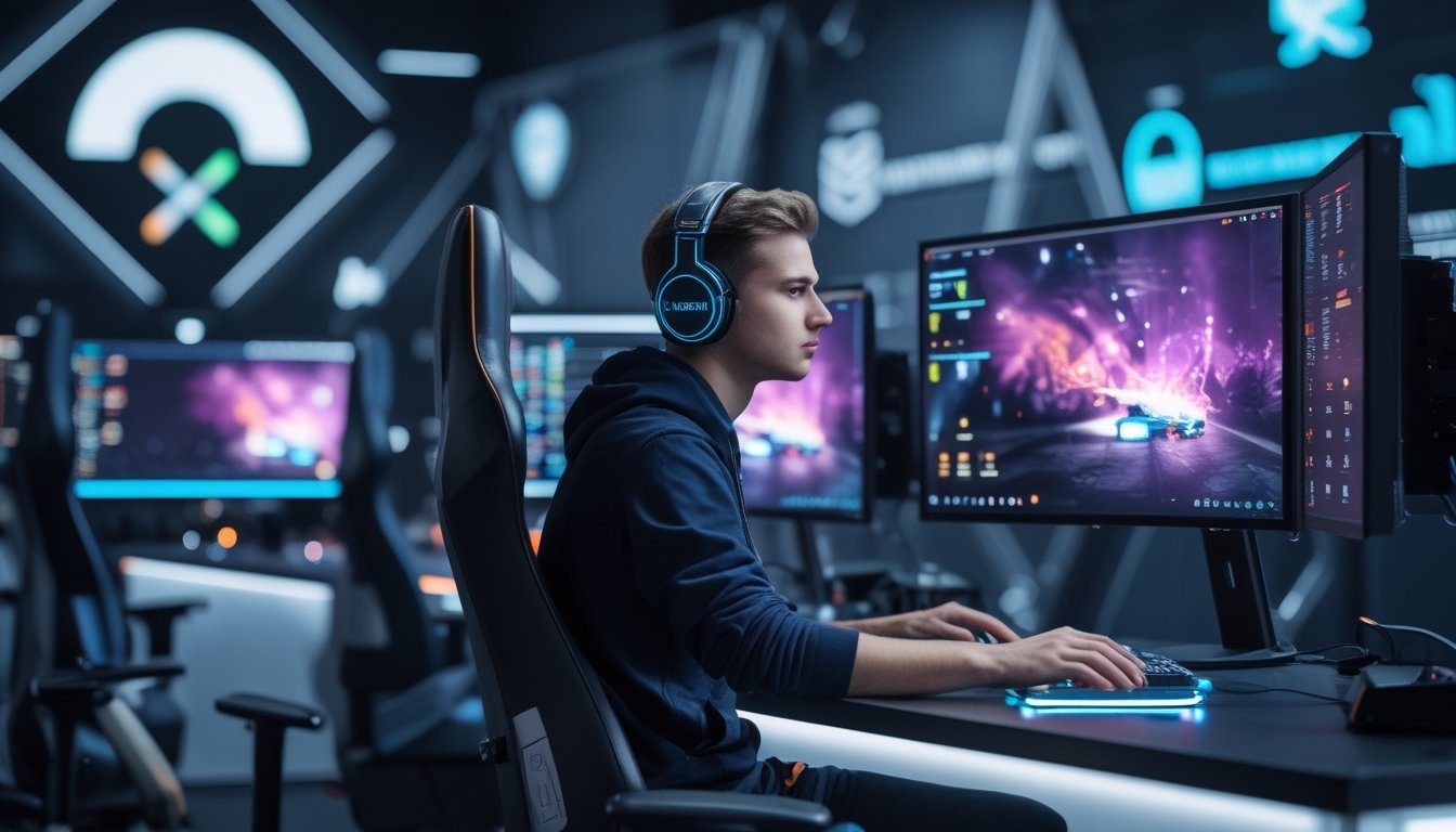 Seorang pemain esports muda sedang bermain di depan beberapa monitor dalam ruangan gaming modern dengan pencahayaan LED.