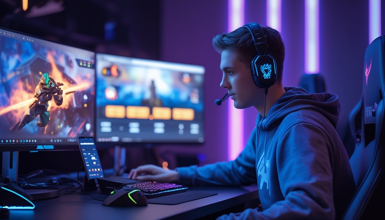 Seorang gamer muda duduk di depan komputer dengan beberapa layar yang menampilkan permainan esports, memakai headset dan menggunakan aksesori gaming, di ruangan dengan pencahayaan LED biru dan ungu.
