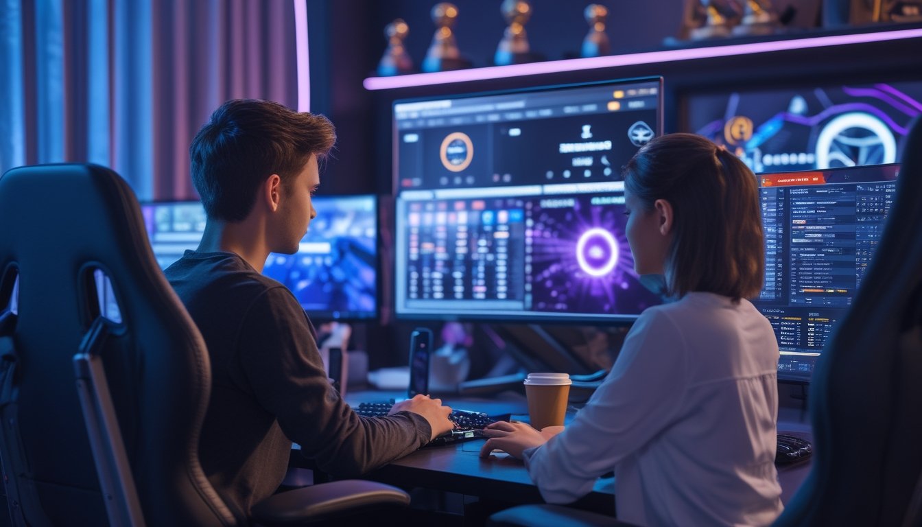 Dua orang muda sedang bermain game esports dan menggunakan komputer untuk taruhan online di sebuah ruangan dengan pencahayaan neon biru dan ungu.