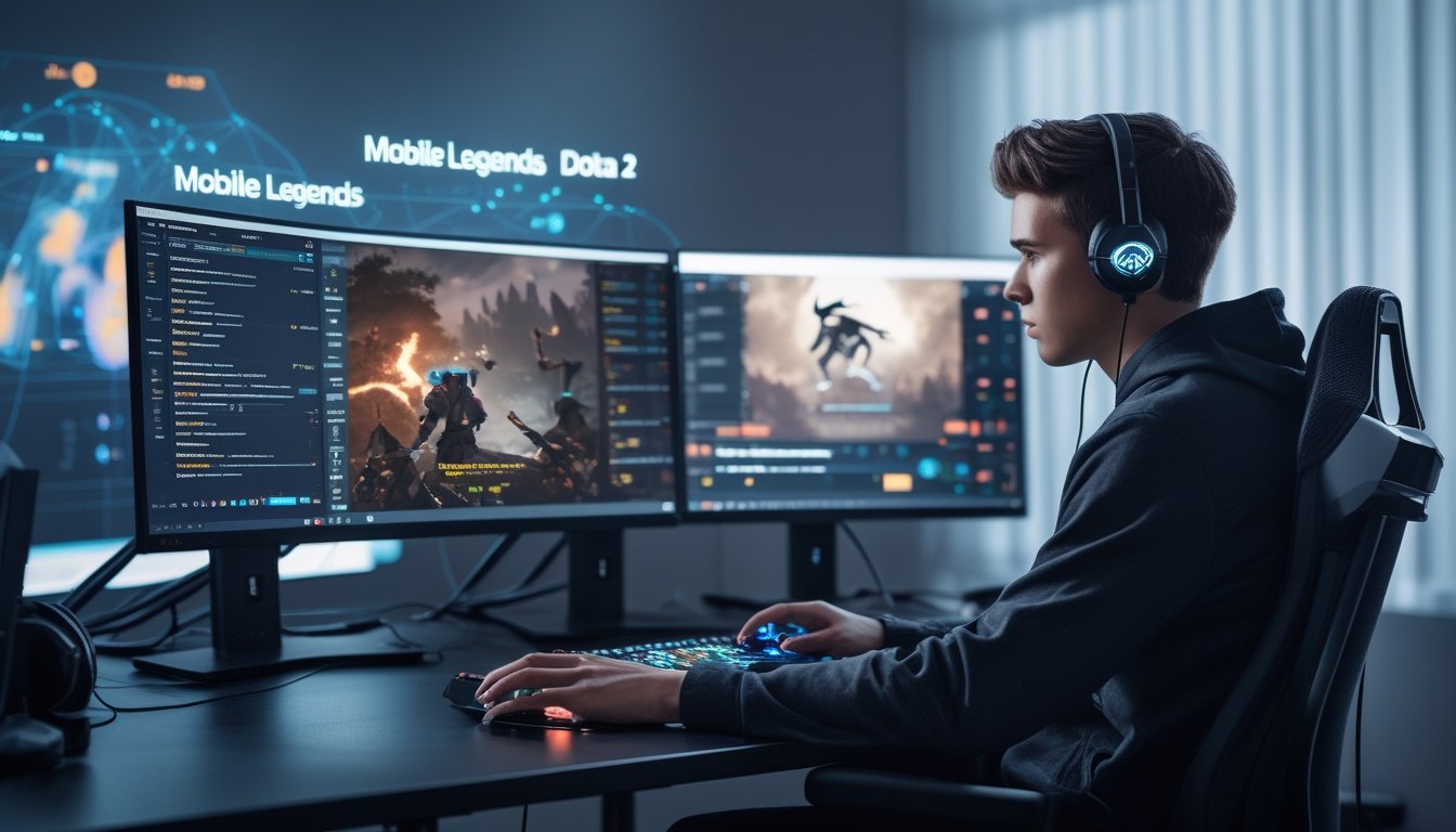 Seorang pemain esports muda duduk di depan beberapa layar komputer yang menampilkan permainan Mobile Legends dan Dota 2, sedang menganalisis data dan menggunakan ponsel untuk memasang taruhan.