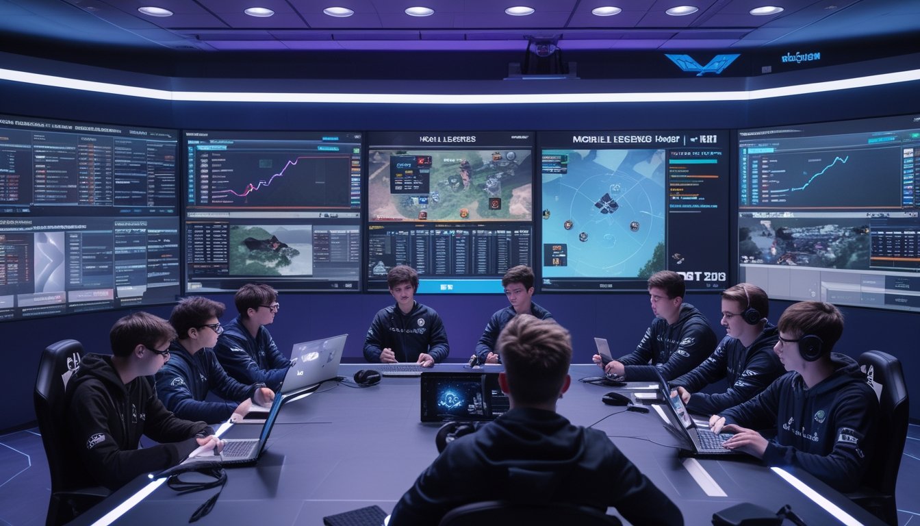 Sekelompok pemain dan analis esports profesional sedang berdiskusi di depan beberapa layar besar yang menampilkan statistik dan gameplay Mobile Legends dan Dota 2.