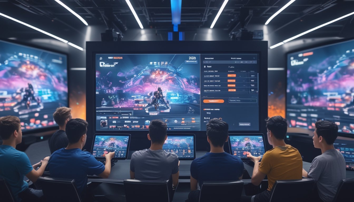Sekelompok orang muda menonton turnamen esports internasional secara langsung sambil memasang taruhan menggunakan perangkat digital di ruang bermain modern.