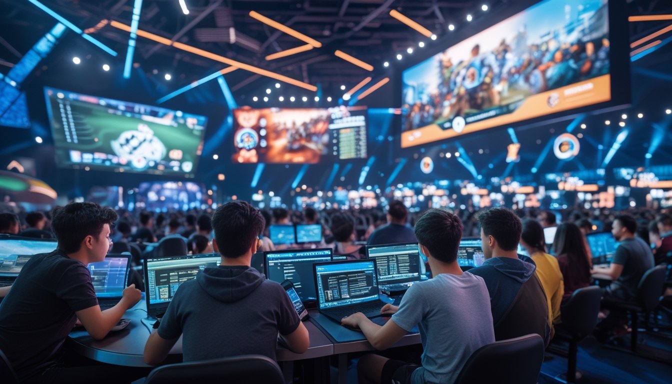 Sejumlah orang muda menonton pertandingan esports internasional secara langsung dan memasang taruhan melalui perangkat digital di arena gaming yang modern.