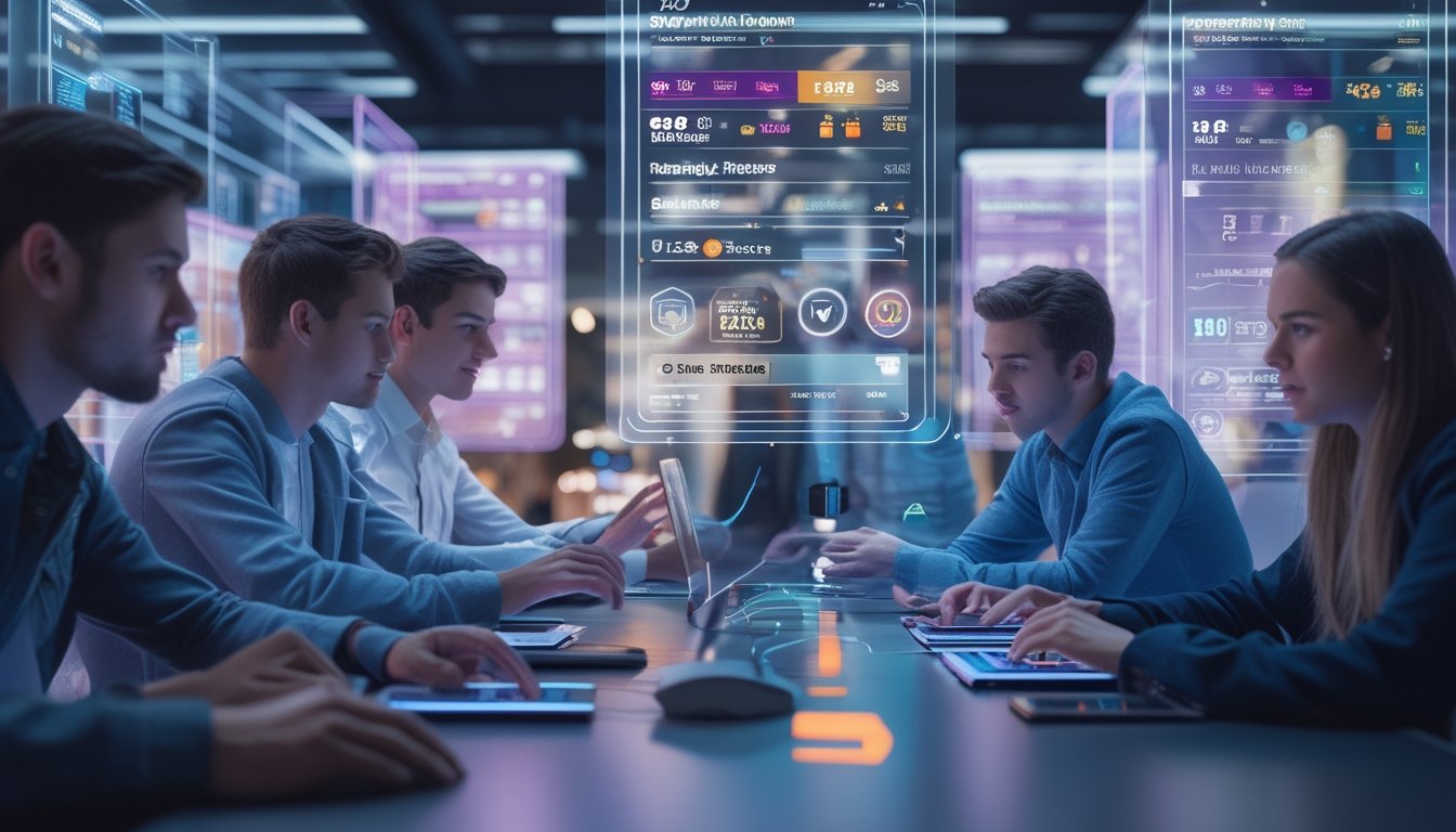Sejumlah orang muda sedang menggunakan layar digital transparan untuk menganalisis data dan promosi terkait platform judi esports di ruangan modern.