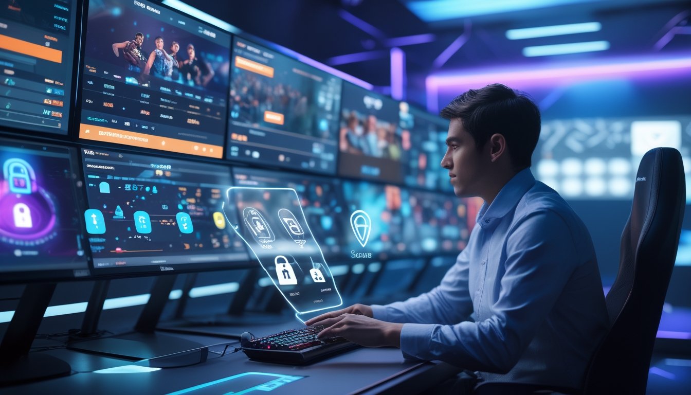 Seseorang menggunakan layar sentuh digital dengan latar belakang setup gaming modern dan tampilan permainan esports.