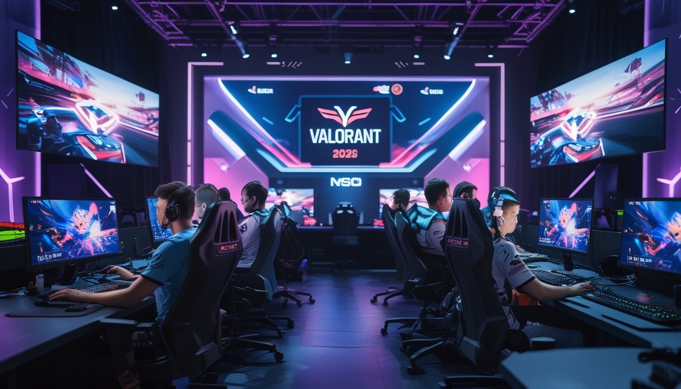 Sekelompok pemain esports Valorant fokus bermain di arena kompetisi dengan layar besar menampilkan permainan dinamis.