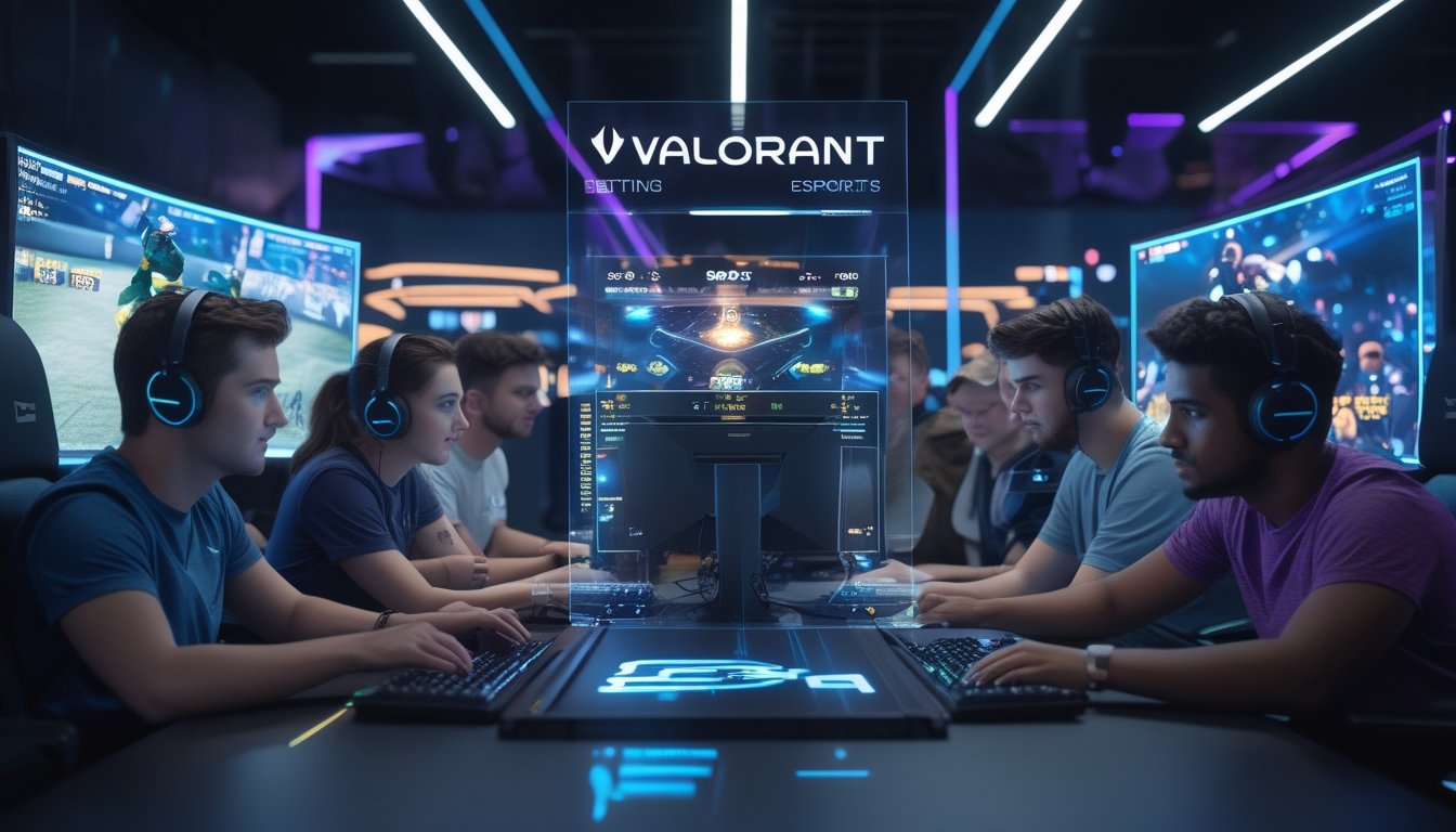 Beberapa orang muda sedang melihat layar komputer dengan pertandingan Valorant esports yang sedang berlangsung dan grafik peluang taruhan di sekitar mereka.