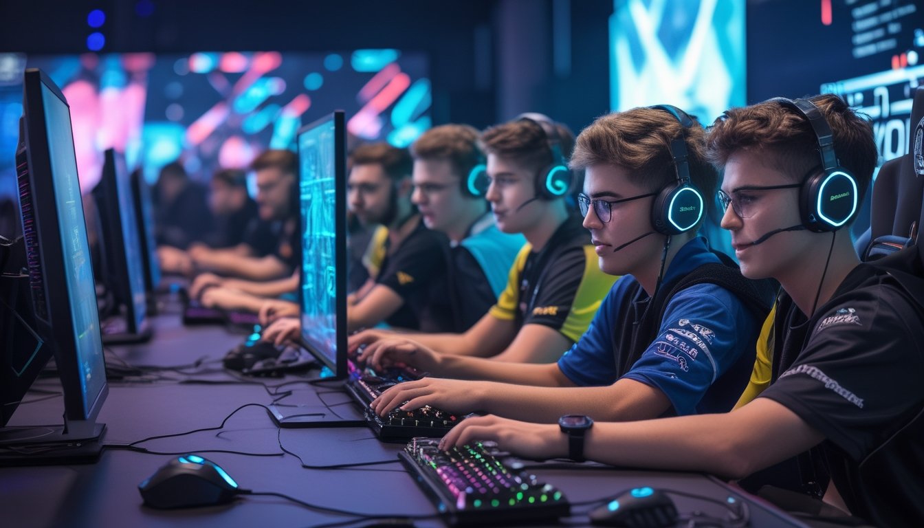 Sekelompok orang muda bermain esports dengan peralatan gaming modern dan pencahayaan warna-warni di arena permainan yang futuristik.