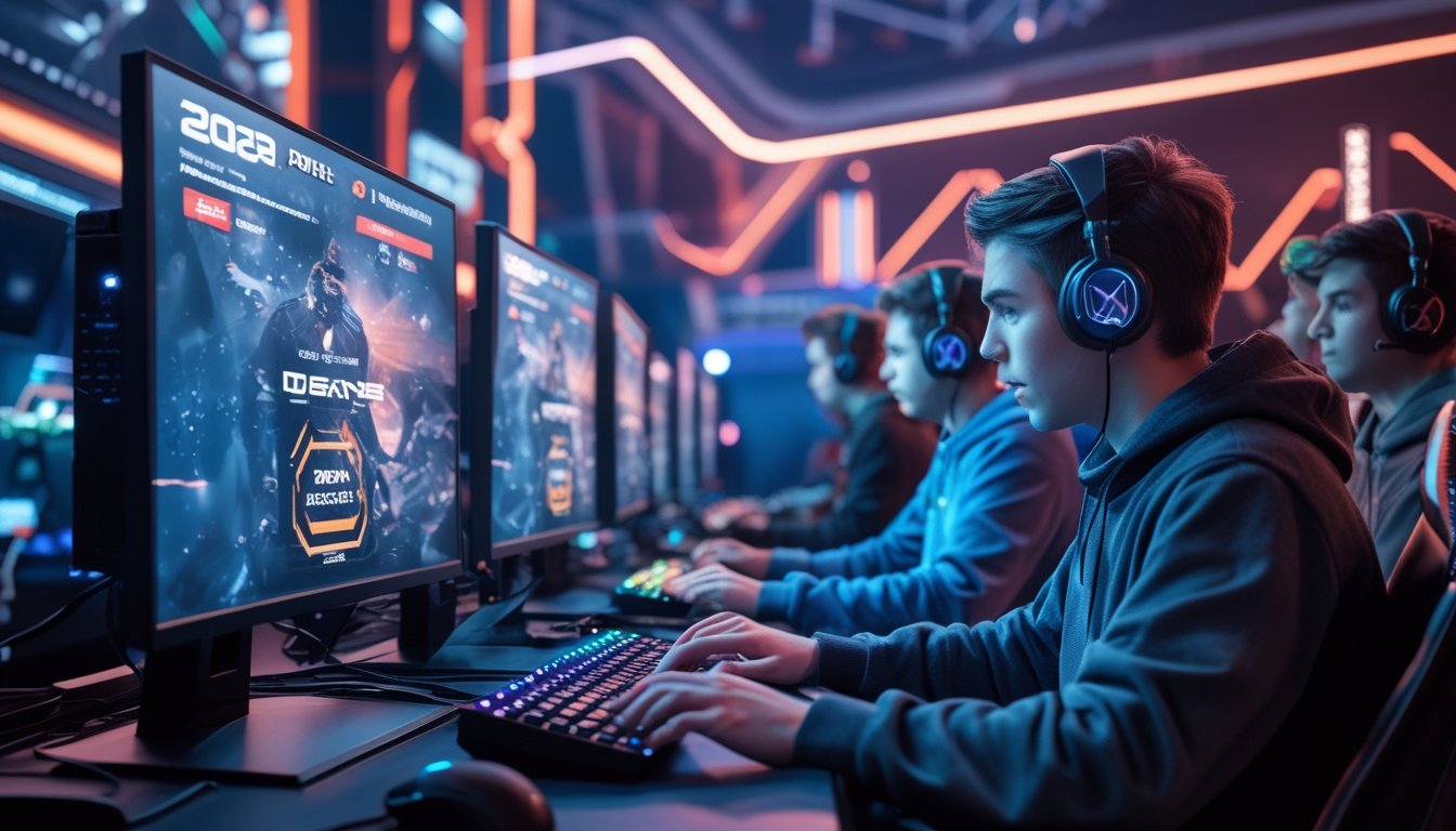 Sekelompok orang muda sedang bermain game esports dengan komputer gaming di ruang modern yang dipenuhi lampu warna-warni dan suasana kompetitif.