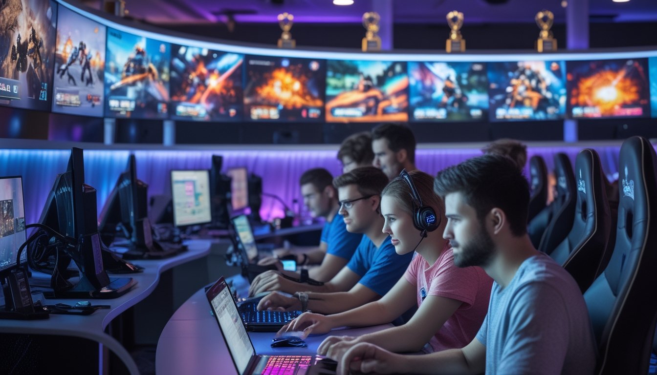 Sekelompok orang muda sedang bertaruh pada pertandingan esports di ruang permainan modern dengan layar besar yang menampilkan permainan kompetitif.