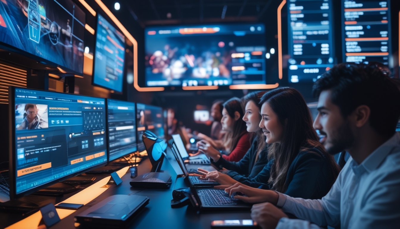 Sekelompok orang muda sedang bermain dan bertaruh pada game esports dengan layar komputer dan perangkat digital di ruangan modern.