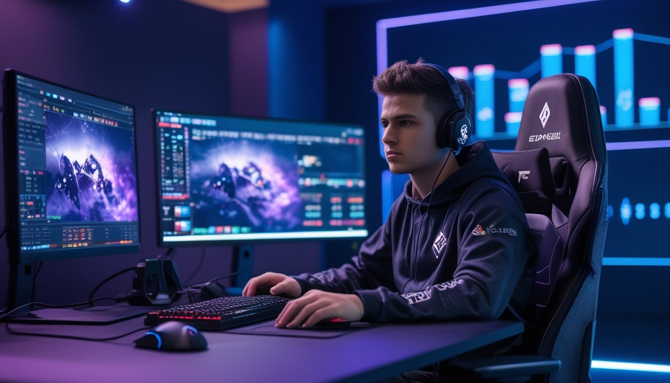 Seorang pemain esports muda fokus bermain di depan beberapa monitor dengan suasana futuristik dan grafik keuangan di layar samping.
