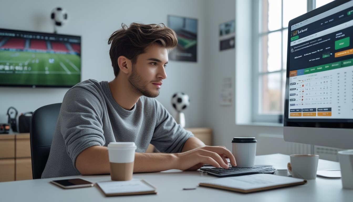 Seorang dewasa muda duduk di meja dengan laptop yang menampilkan situs taruhan bola, dikelilingi oleh cangkir kopi dan catatan, di ruang kerja rumah yang terang.