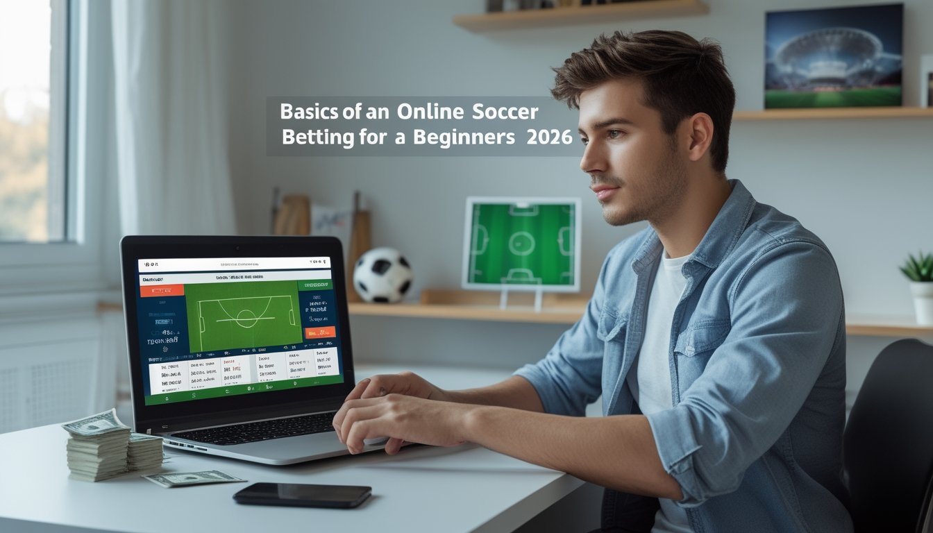 Seorang dewasa muda duduk di meja dengan laptop terbuka menampilkan antarmuka taruhan bola online, dikelilingi oleh uang dan ponsel di ruang kerja yang rapi dengan dekorasi bertema sepak bola.