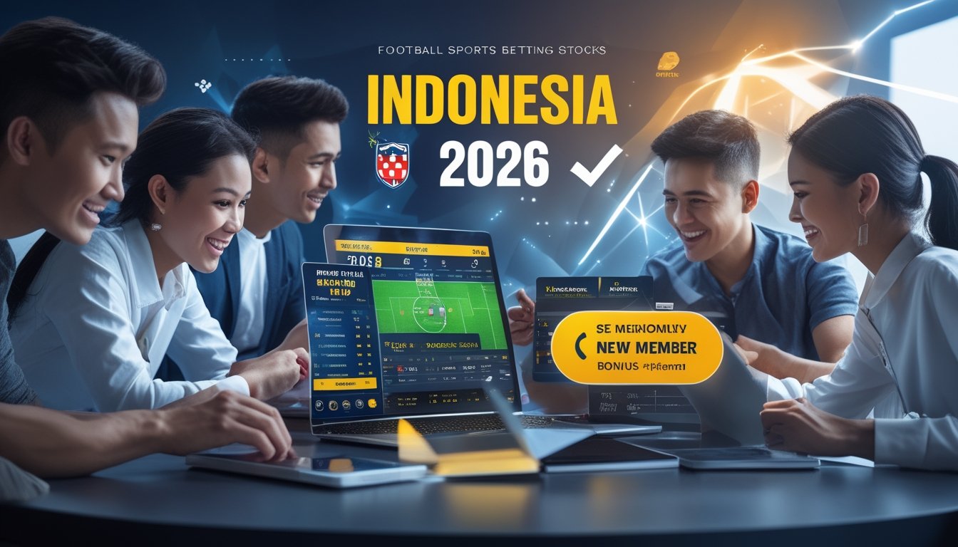Sekelompok orang muda menggunakan perangkat digital untuk memasang taruhan sepak bola online dengan latar belakang elemen budaya Indonesia.