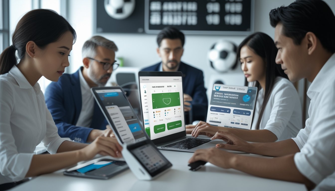 Orang-orang menggunakan perangkat digital untuk bertaruh sepak bola secara online di lingkungan modern dan terpercaya.