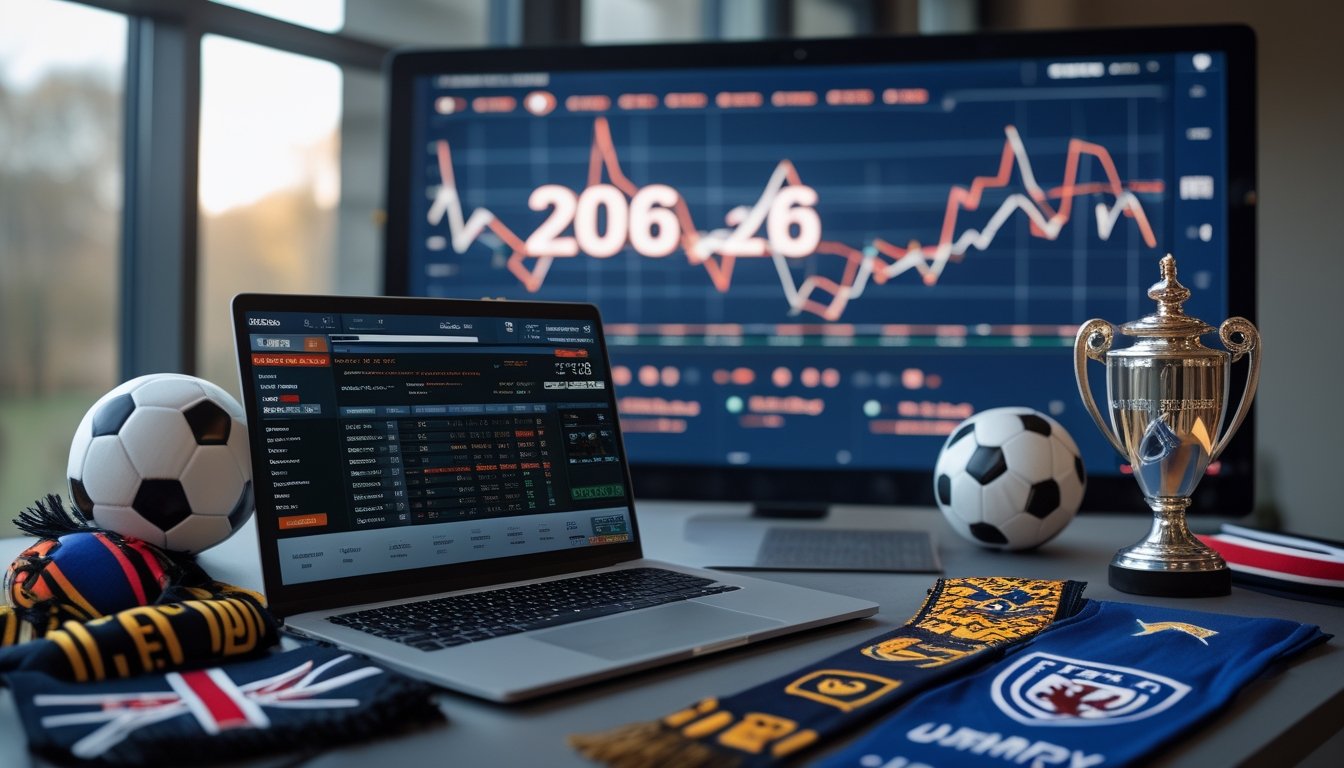 Sebuah meja kerja modern dengan laptop yang menampilkan statistik sepak bola dan peluang taruhan, bola sepak, syal tim, dan trofi di sekitarnya.