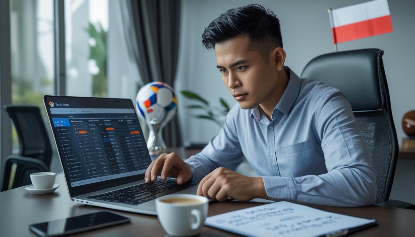Seorang pria Indonesia sedang fokus menggunakan laptop di ruang kerja modern dengan perlengkapan taruhan bola online dan catatan strategi di meja.