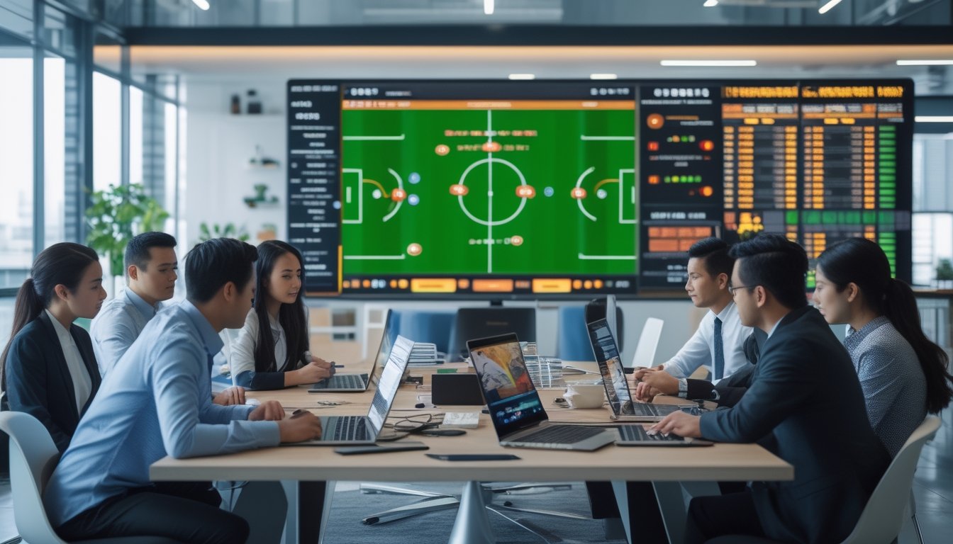 Sekelompok profesional Indonesia sedang menganalisis data pertandingan sepak bola dan strategi judi bola secara bersama di ruang kantor modern.