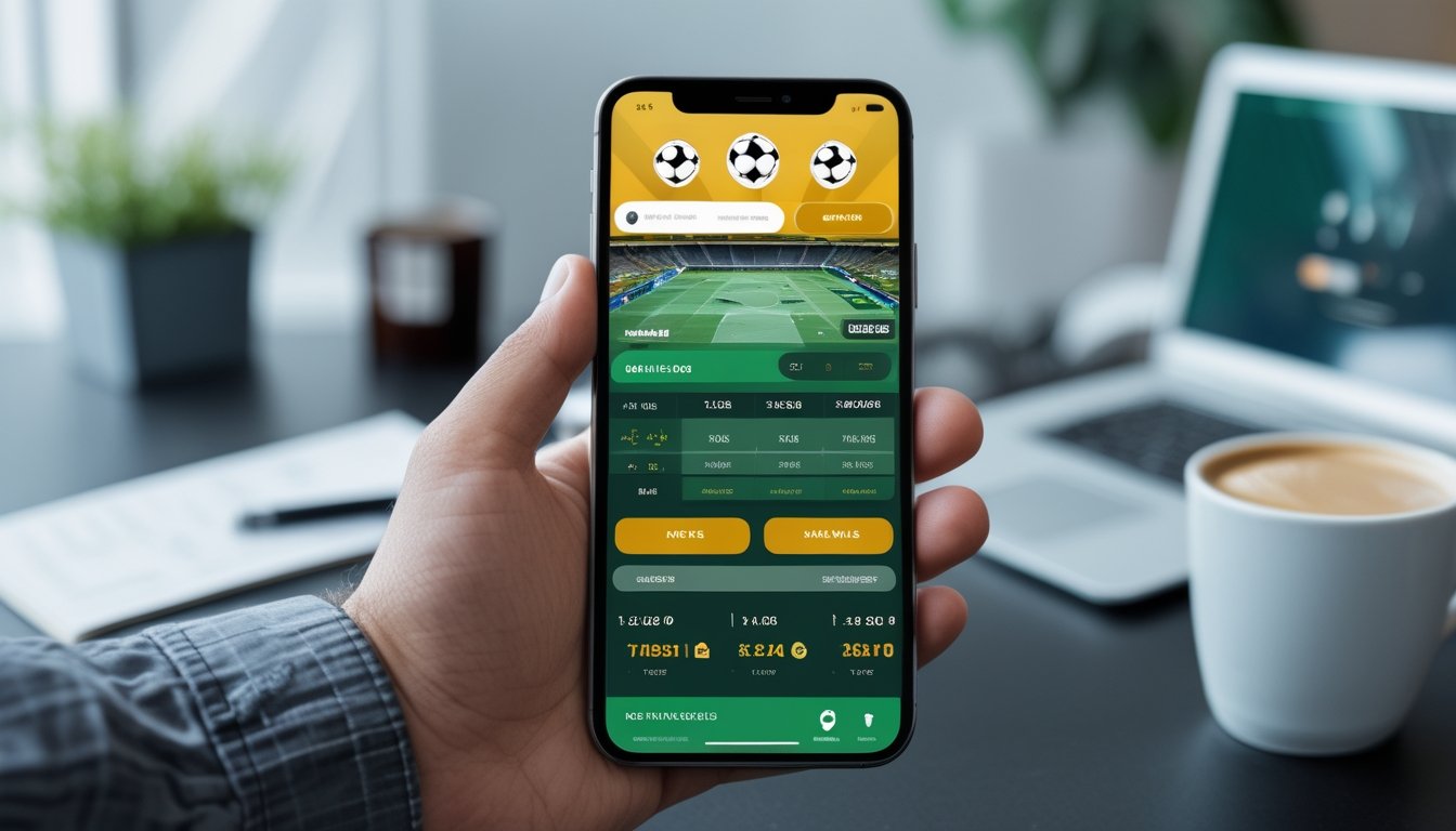 Seseorang memegang ponsel yang menampilkan aplikasi taruhan bola online dengan antarmuka yang jelas dan elemen keamanan, di latar belakang meja kerja dengan laptop dan cangkir kopi.