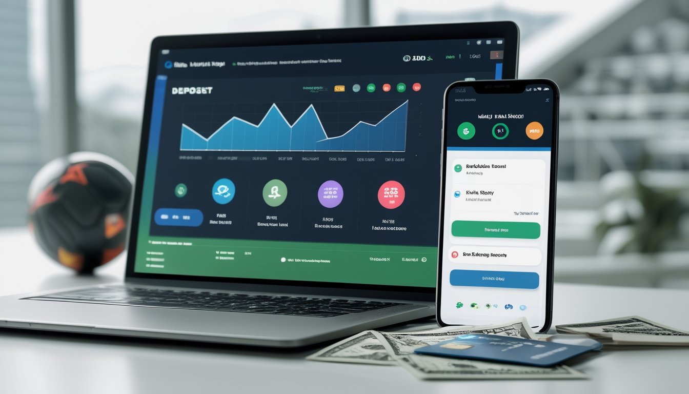 Seseorang menggunakan laptop dan ponsel untuk melakukan transaksi deposit dan withdraw dengan aplikasi Dana, OVO, dan kartu bank, dengan latar belakang elemen sepak bola.