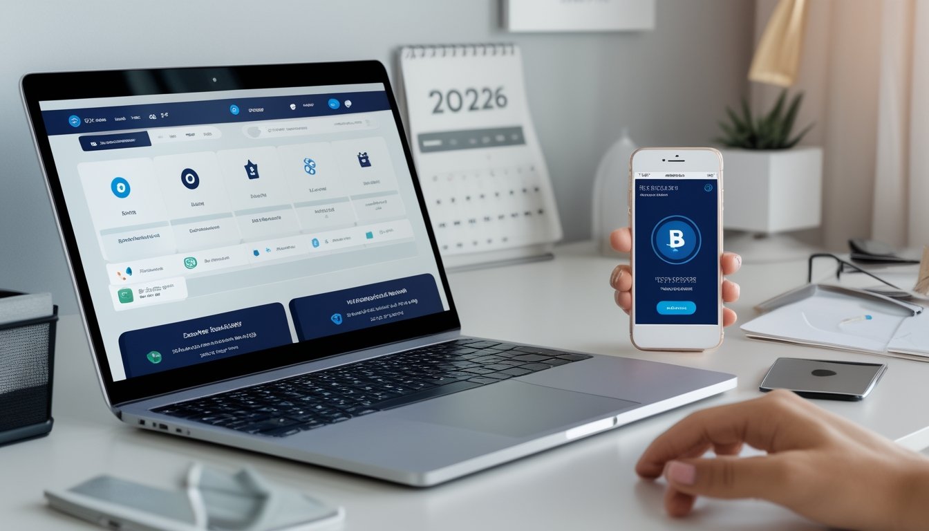 Meja kerja modern dengan laptop dan ponsel yang menampilkan aplikasi pembayaran digital untuk deposit dan penarikan judi bola online.