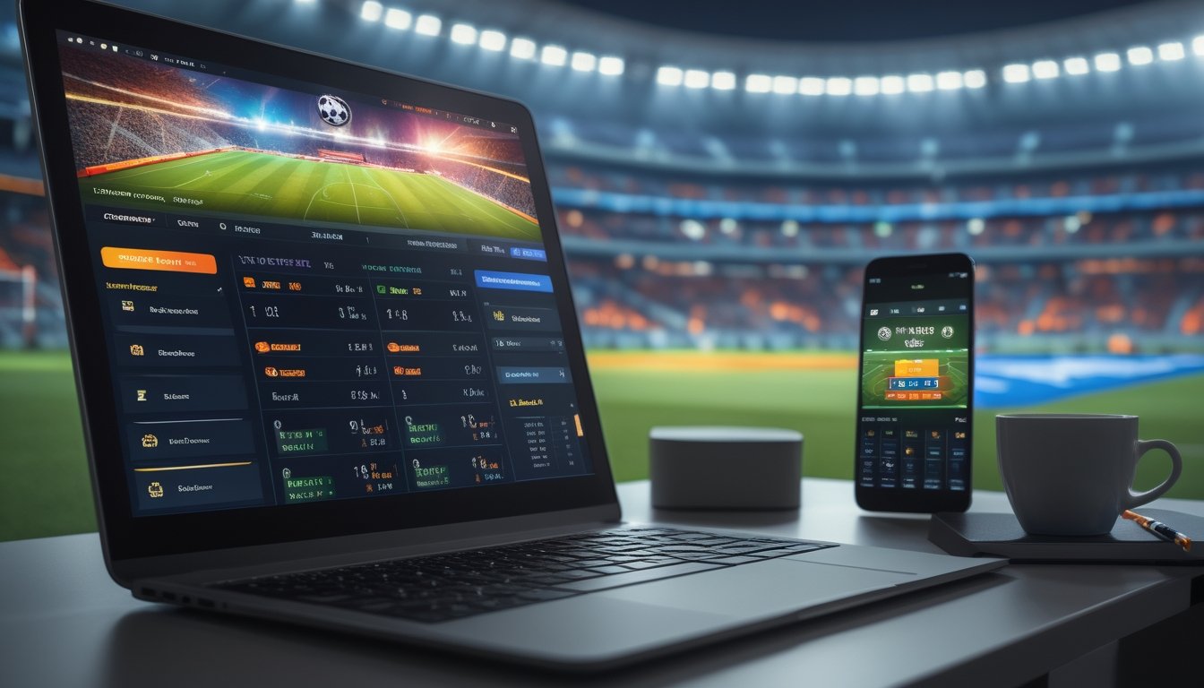 Seorang pengguna sedang melihat layar komputer dengan tampilan taruhan sepak bola online dan latar belakang stadion sepak bola yang ramai.